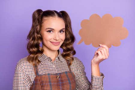 Photo of adorable young lady arm holding paper cloud shape smile isolated on violet color background