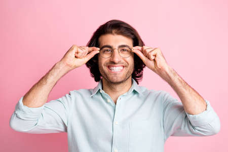 Close up photo of friendly toothy person arms touch glasses isolated on pastel pink color background