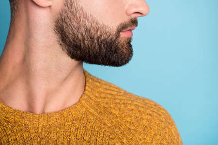 Cropped photo of young handsome masculine man with shaved beard wear knitted pullover isolated on blue color backgroundの写真素材