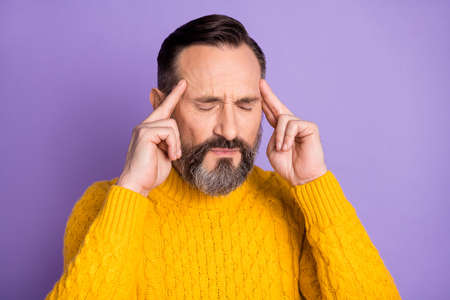 Photo of unsatisfied person closed eyes fingers on temple feel bad suffering isolated on violet...