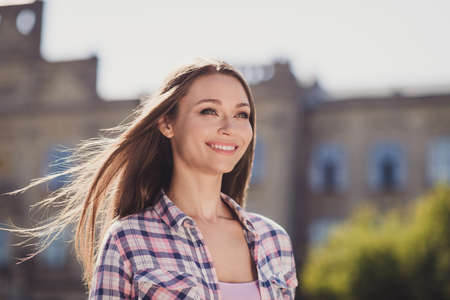 Photo of dreamy attractive brunette woman look forward university student weekend outside campus...