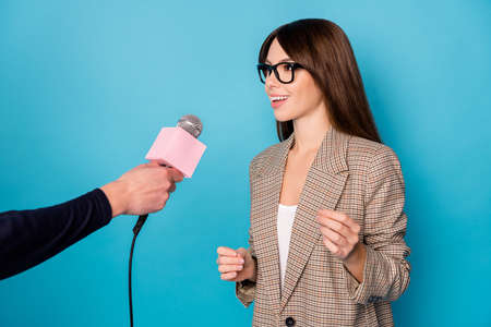 Profile side photo of young attractive girl happy smile speak talk conference interview microphone...