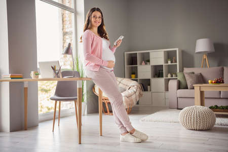 Full length body size profile side view of lovely cheerful pregnant girl staying safe using gadget blogging app 5g in flat house indoorsの写真素材
