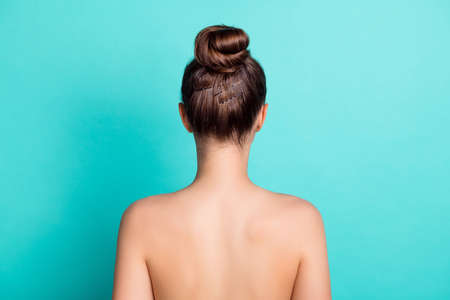 Rear back behind view portrait of attractive girl fresh pure skin bath shower isolated over bright teal turquoise color backgroundの写真素材