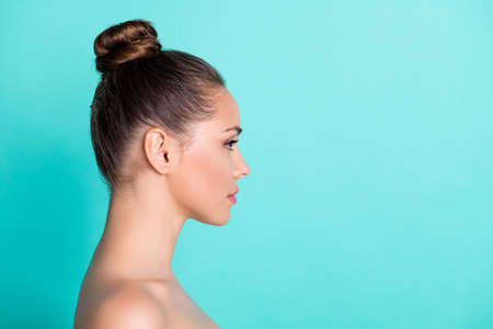 Profile side view portrait of attractive girl fresh pure skin aesthetic copy empty blank space...