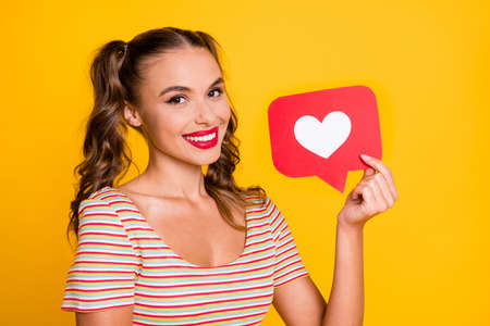 Photo of young lovely pretty sweet smiling cheerful happy good mood girl show like icon isolated on...