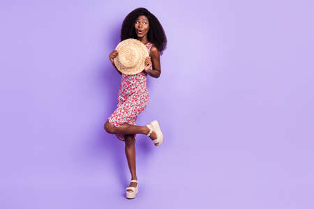 Full size profile photo of nice impressed curly brown hairdo lady look empty space wear colorful...