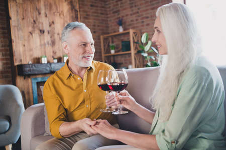 Portrait of attractive cheerful couple sitting on sofa drinking wine valentine day at loft industrial interior home indoorの写真素材