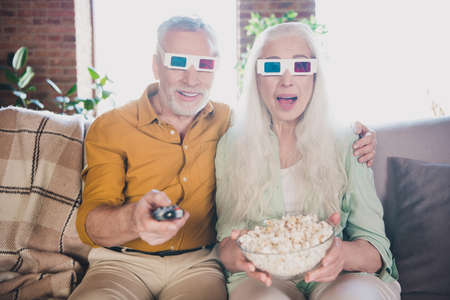 Portrait of nice elderly cheerful amazed grey-haired couple watching film having fun at home brick...