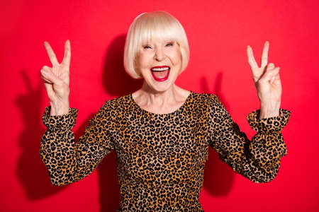 Photo of attractive cheerful cool old lady show v-signs positive mood hello isolated on red color backgroundの写真素材