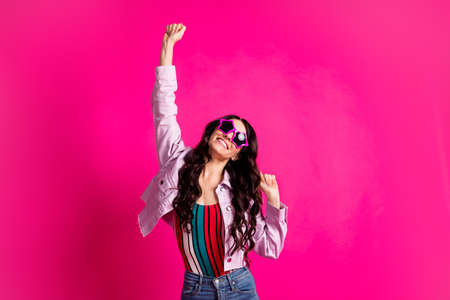 Photo of hooray brunette nice lady dance wear spectacles top jacket isolated on pink color backgroundの写真素材