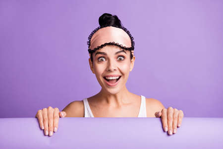 Photo portrait of cute girl amazed staring opened mouth isolated on pastel purple color background