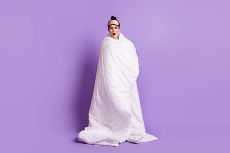 Full length body size photo of girl covering herself white blanket irritated unhappy angry opened...