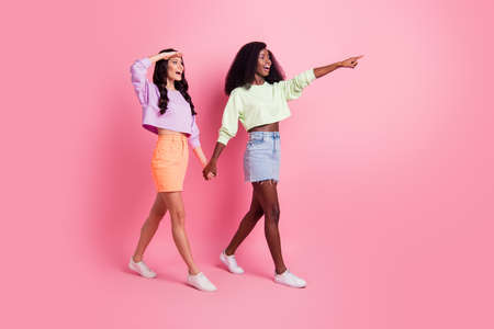 Full size profile side photo of two brunette women point look empty space hold hands isolated on pink color backgroundの写真素材