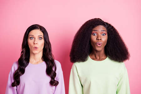 Photo of two shocked crazy ladies staring open mouth wear sweatshirt isolated yellow color backgroundの写真素材