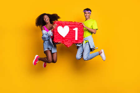 Full length body size view of handsome beautiful trendy couple jumping holding red board isolated on...