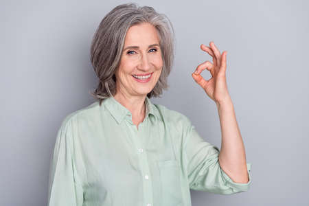 Portrait of attractive cheerful gray-haired woman showing ok-sign advert agree isolated over grey...