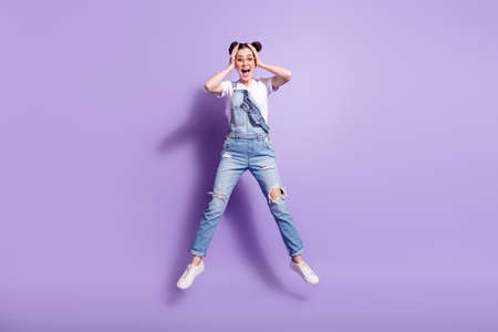 Full length photo of young attractive girl happy positive smile amazed shocked surprised jump...