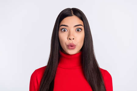 Photo of sad impressed brown long hairdo adult wear red sweater isolated on grey color background