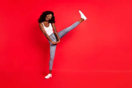 Full size photo of young attractive black girl happy positive smile have fun excited isolated over...