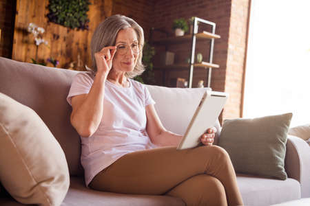 Photo of adorable pretty retired woman dressed white t-shirt sitting couch reading modern gadget...