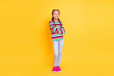 Photo of positive confident lady folded hands smile wear striped shirt jeans shoes isolated yellow...
