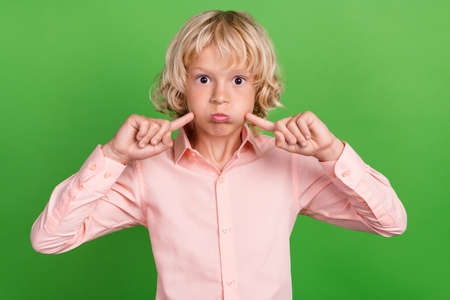 Photo of young happy funky cheerful boy point fingers cheeks joke isolated on shine green color...