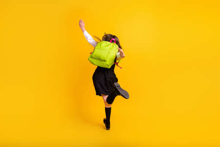 Full length body size back view photo schoolgirl going to school with schoolbag isolated vibrant...