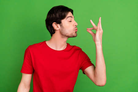 Profile photo of gourmet guy hold fingers send air kiss close eyes wear red t-shirt isolated green...