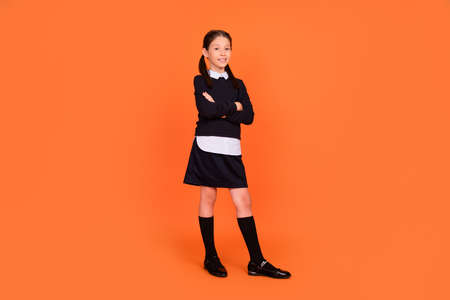 Full body photo of happy cheerful little girl hold hands crossed academic isolated on orange color...