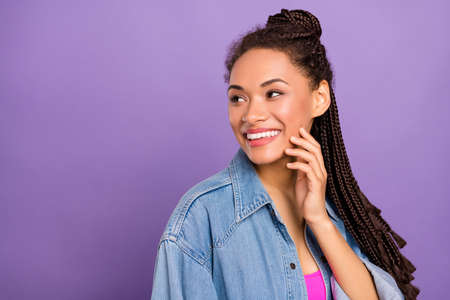 Profile side photo of young attractive black girl happy positive smile look empty space isolated...