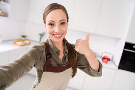 Photo of shiny adorable housemaid wear brown apron smiling showing thumb up recording video indoors room home houseの写真素材