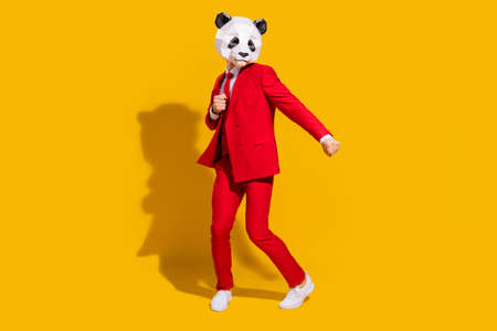 Photo of positive crazy panda guy enjoy dance wear mask red suit tie sneakers isolated on yellow color backgroundの写真素材