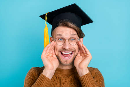 Photo of pretty funny guy dressed knit sweater academic headwear spectacles telling you secret...