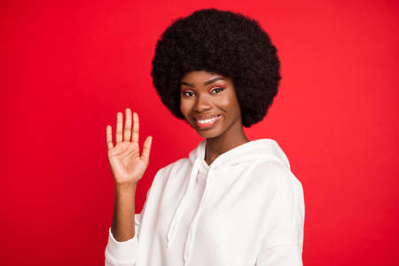 Photo of funny brunette hair young lady wave hand wear white hoodie isolated on red color backgroundの写真素材