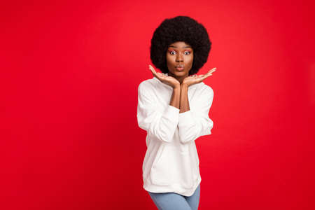 Photo of nice brunette hair millennial lady hands face blow kiss wear white hoodie isolated on red color backgroundの写真素材