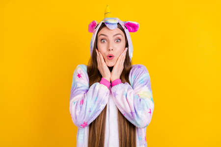 Portrait of attractive cheerful amazed girl wear animal look news reaction isolated over bright...