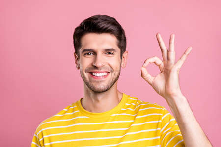 Portrait of attractive successful cheerful guy showing ok-sign advert ad isolated over pink pastel...