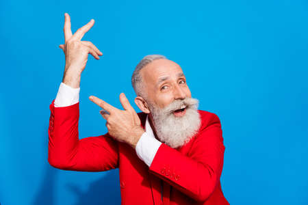 Photo of elederly excited wealthy man happy positive smile have fun dance party isolated over blue...