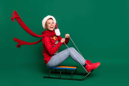 Portrait of attractive trendy ecstatic cheerful girl riding sledges day holly jolly daydream isolated over green color backgroundの写真素材