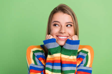 Photo portrait girl smiling cute wearing stylish outfit looking copyspace isolated pastel green...