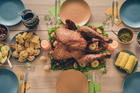 Top above high angle view of festal grilled roasted turkey dish meal served table domestic seasonal customの写真素材