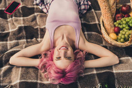 Top above high angle photo of young cheerful girl happy positive smile hands behind head lying blanket rest outdoorsの写真素材