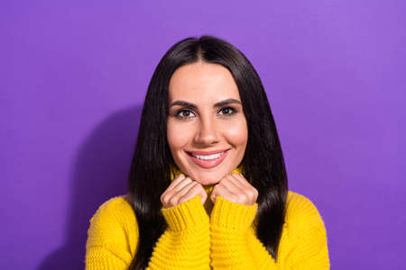 Photo of pretty cheerful girl arms under chin toothy smile look camera isolated on pastel violet...