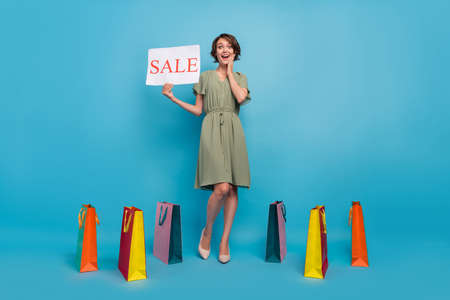 Full length photo of amazed cheerful young woman hand banner sale face bags news isolated on blue color backgroundの写真素材