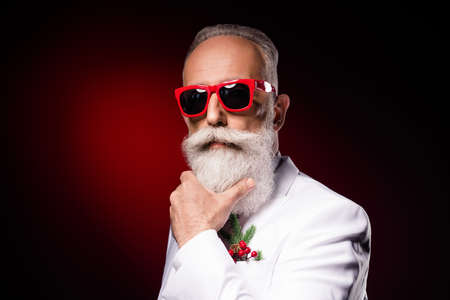 Profile side photo of aged man hand touch beard confident serious wear glasses isolated over dark...