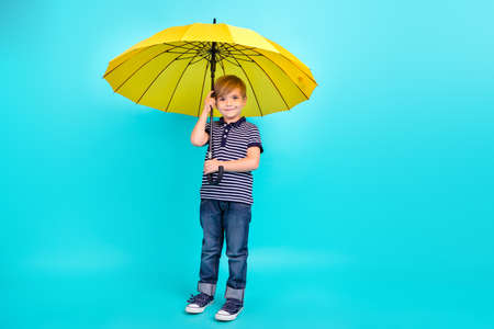 Full body photo of optimistic little boy hold umbrella wear t-shirt jeans sneakers isolated on teal backgroundの写真素材