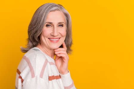 Profile side view portrait of attractive cheerful grey-haired woman pondering clue guess copy space...