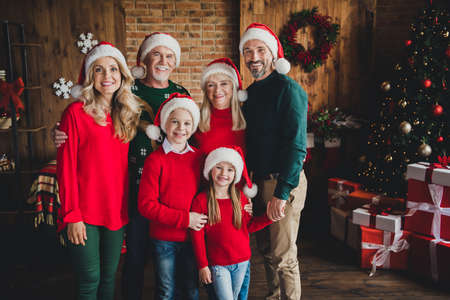 Portrait of nice attractive cheerful family spending festal occasion day dream Eve Noel wearing hats...