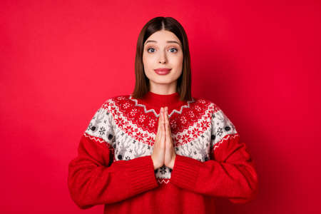 Photo of charming pretty young woman dressed print pullover arms together asking buy present isolated red color backgroundの写真素材
